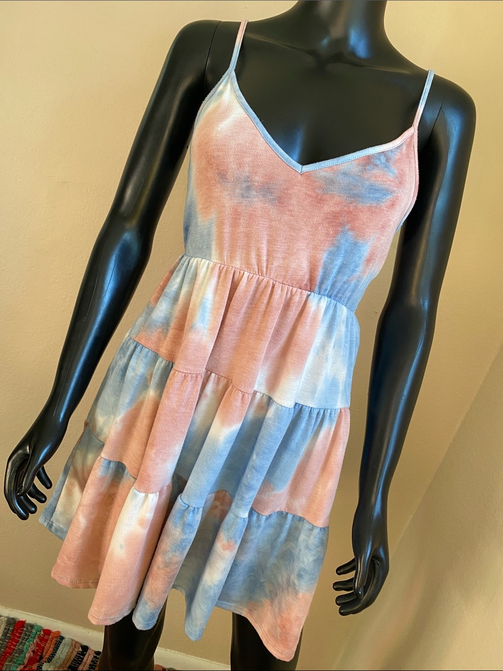 21 SAINTS Sleeveless Tie-Dye Tiered Mini Dress in Blue & Pink
